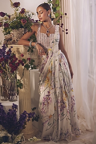 White Chiffon Printed Pre-Draped Saree Set by Monarch