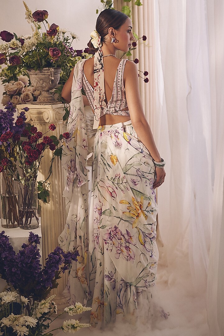White Chiffon Printed Pre-Draped Reception Saree Set by Monarch at Pernia's Pop Up Shop