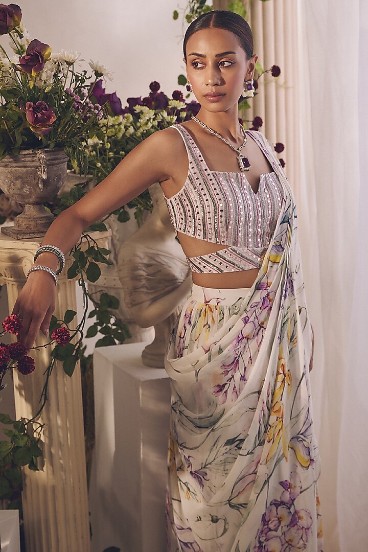 White Chiffon Printed Pre-Draped Reception Saree Set by Monarch at Pernia's Pop Up Shop