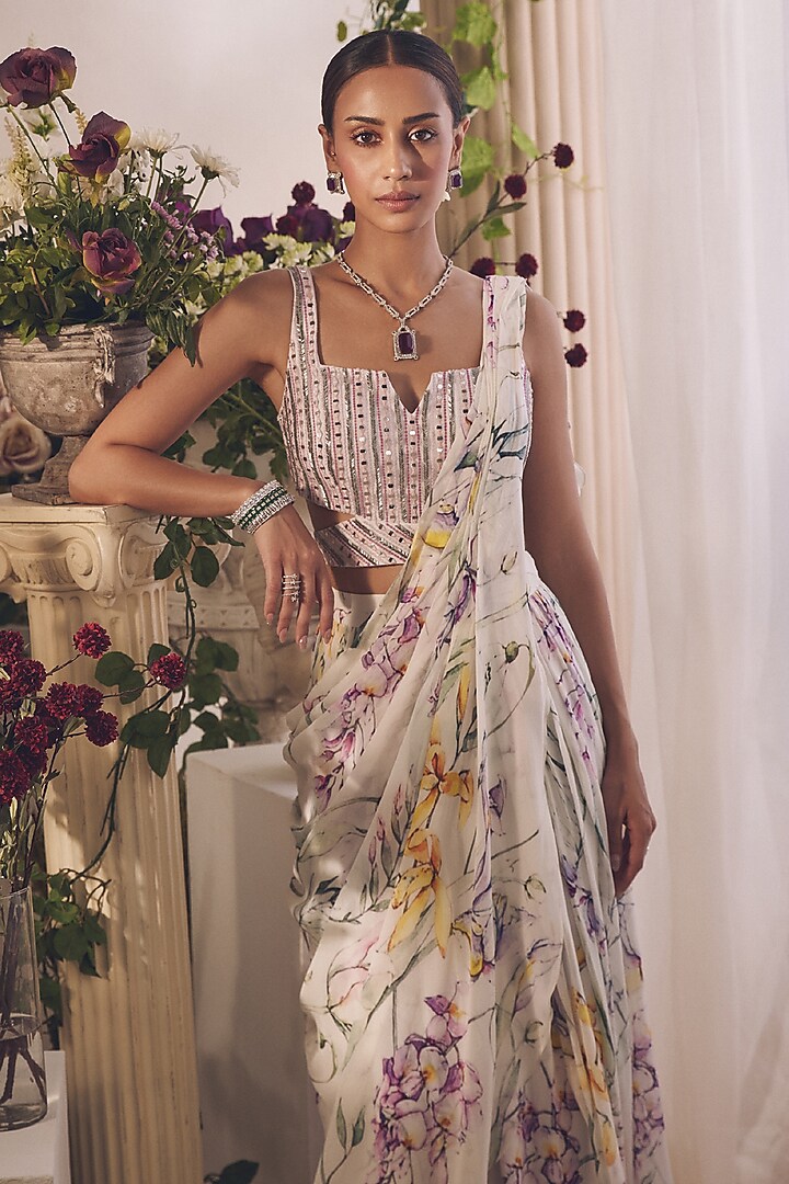 White Chiffon Printed Pre-Draped Reception Saree Set by Monarch at Pernia's Pop Up Shop