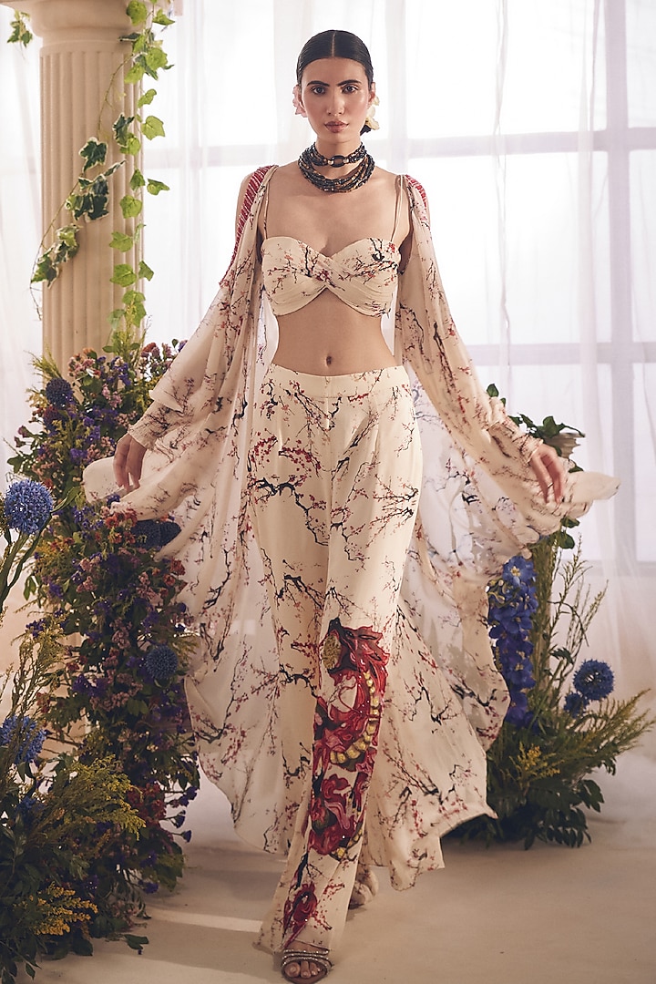 White Pure Georgette Printed & Hand Embroidered Cape Set by Monarch at Pernia's Pop Up Shop