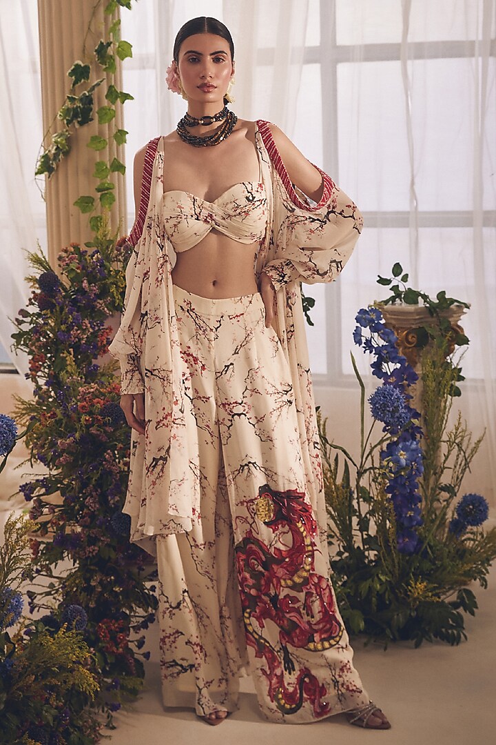 White Pure Georgette Printed & Hand Embroidered Cape Set by Monarch at Pernia's Pop Up Shop
