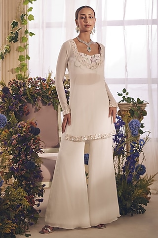 Off-White Pure Georgette Hand Embroidered Kurta Set by Monarch