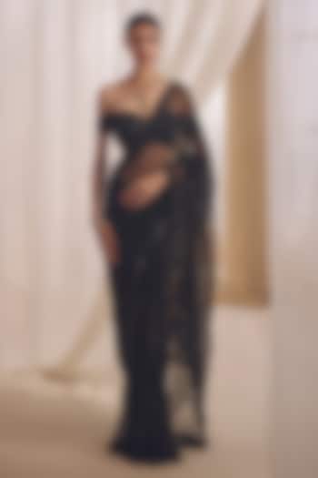 Midnight Black Net Hand Embroidered Fish-Cut Skirt Reception Saree Set by Monarch at Pernia's Pop Up Shop