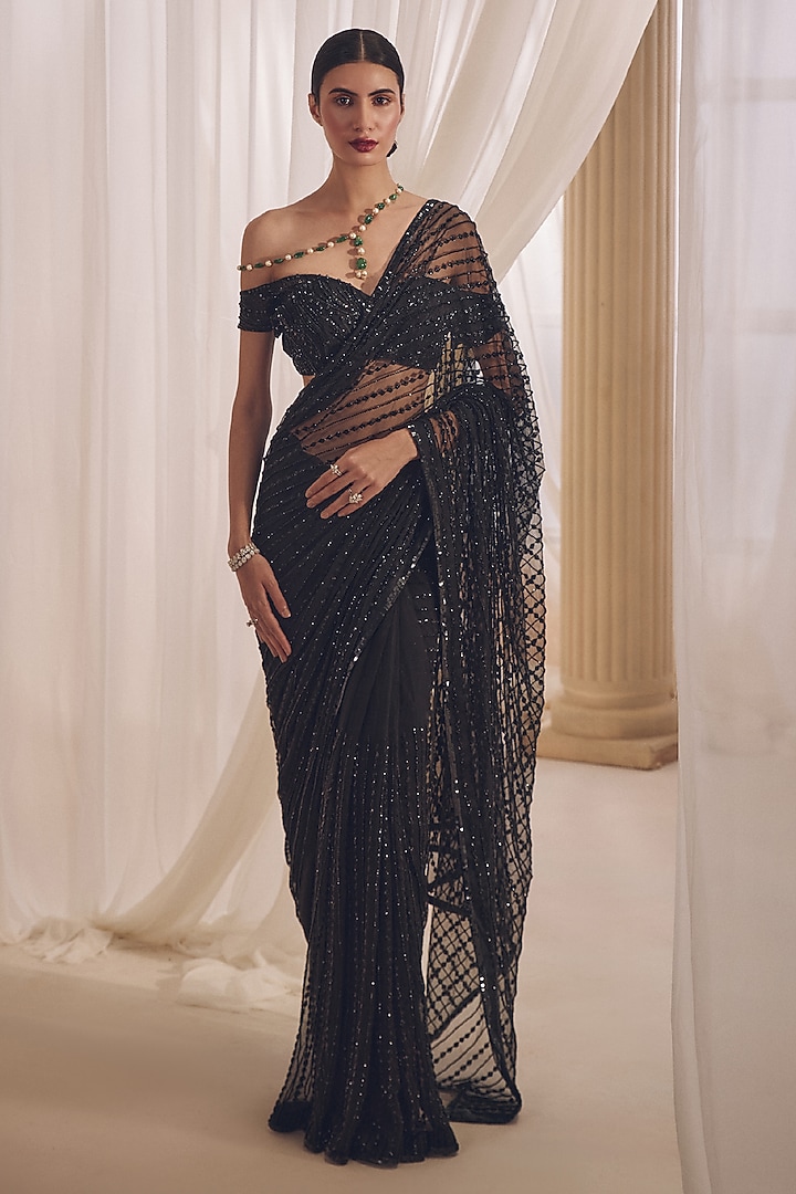 Midnight Black Net Hand Embroidered Fish-Cut Skirt Reception Saree Set by Monarch at Pernia's Pop Up Shop