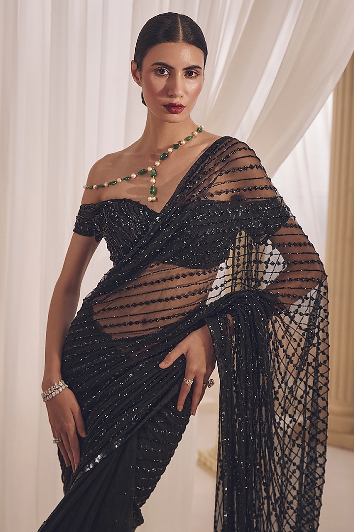 Midnight Black Net Hand Embroidered Fish-Cut Skirt Reception Saree Set by Monarch at Pernia's Pop Up Shop