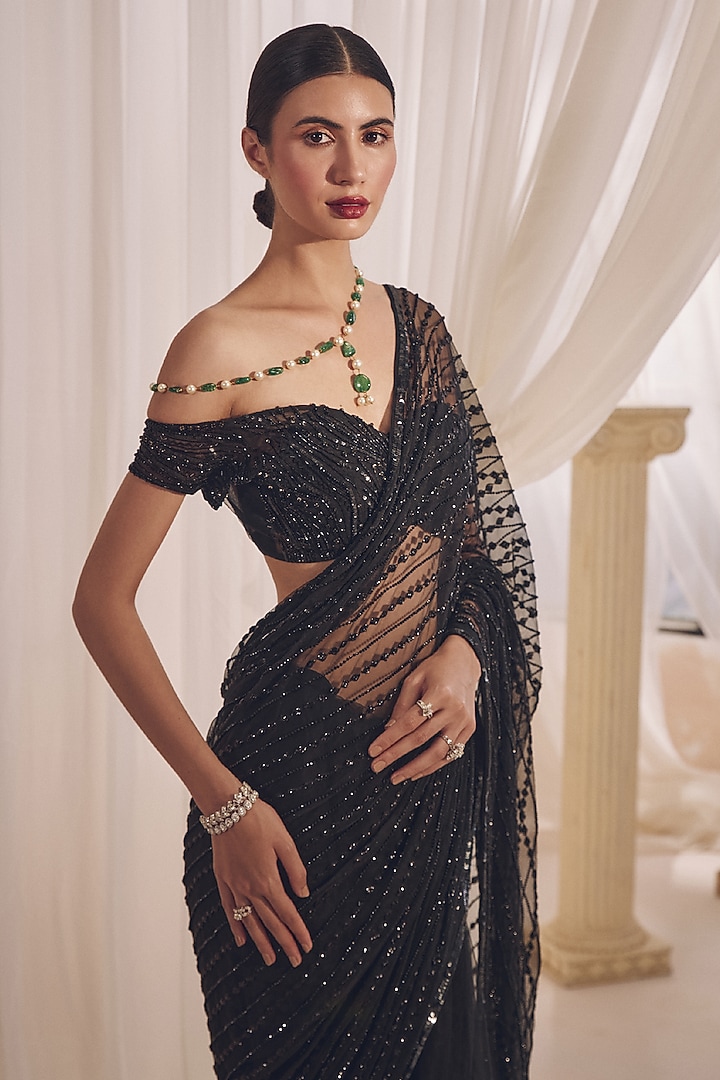 Midnight Black Net Hand Embroidered Fish-Cut Skirt Reception Saree Set by Monarch at Pernia's Pop Up Shop