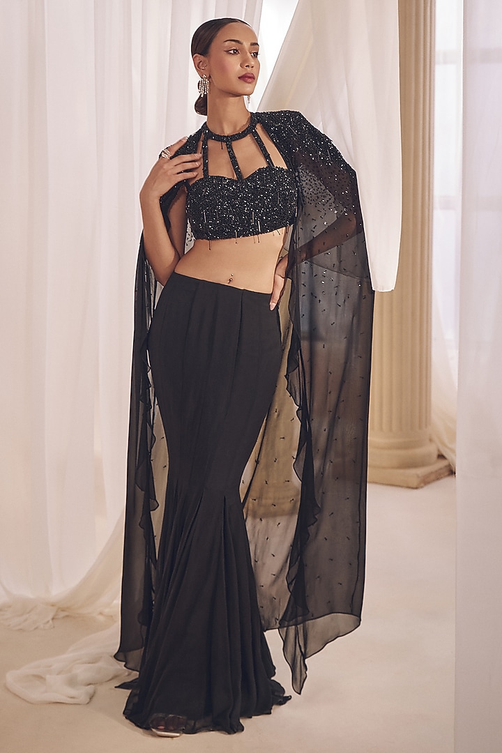 Midnight Black Pure Georgette Skirt Set by Monarch at Pernia's Pop Up Shop