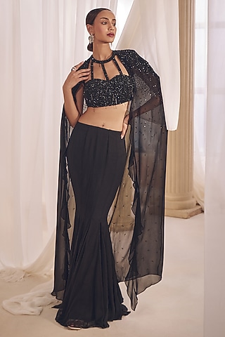 Midnight Black Pure Georgette Skirt Set by Monarch