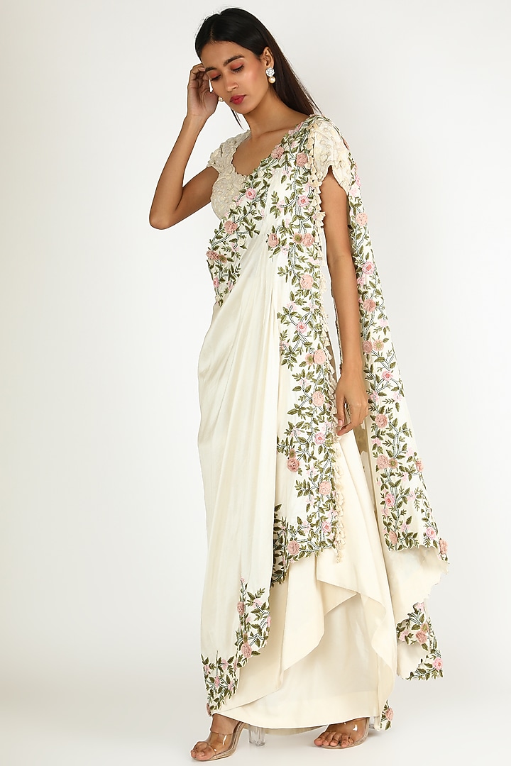 Ivory Embroidered Draped Reception Saree Set by Minaxi Dadoo at Pernia's Pop Up Shop