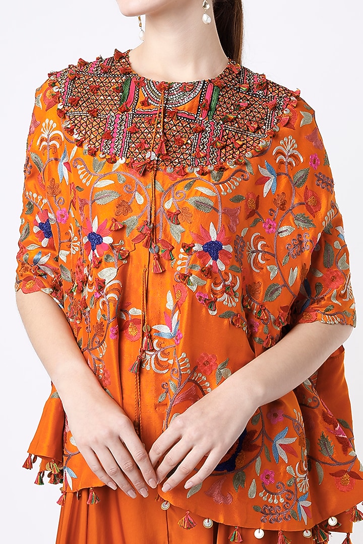 Orange Silk Cape Set With Thread Work by Minaxi Dadoo at Pernia's Pop Up Shop