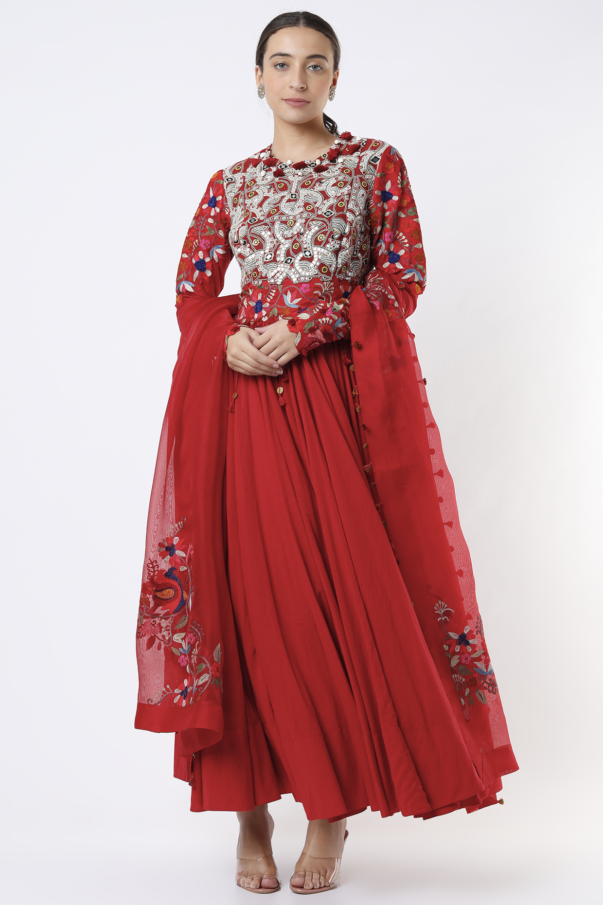 Red Chanderi Bridal Anarkali Set by Minaxi Dadoo at Pernia's Pop Up Shop
