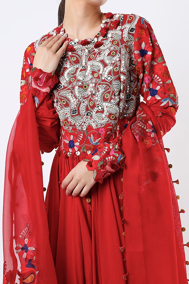 Red Chanderi Bridal Anarkali Set by Minaxi Dadoo at Pernia's Pop Up Shop