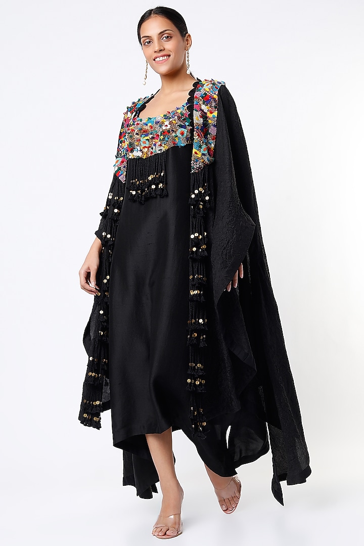 Black Silk Dress With Cape by Minaxi Dadoo