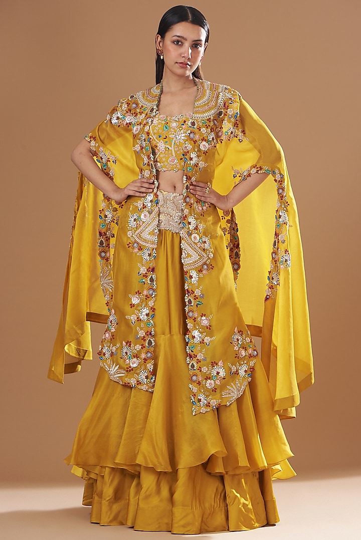 Yellow Organza Embroidered Jacket Lehenga Set by Minaxi Dadoo