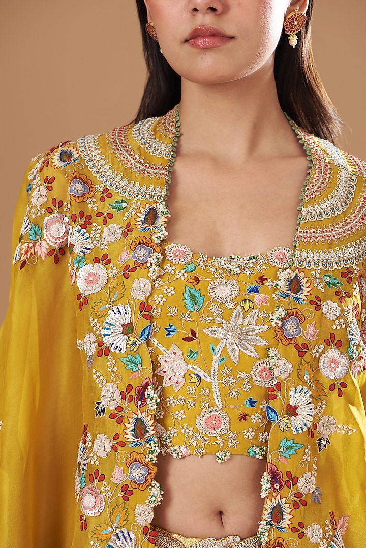 Yellow Organza Embroidered Jacket Bridal Lehenga Set by Minaxi Dadoo at Pernia's Pop Up Shop