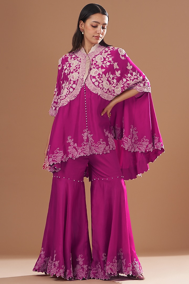 Rani Pink Dupion Embroidered Cape Set by Minaxi Dadoo at Pernia's Pop Up Shop