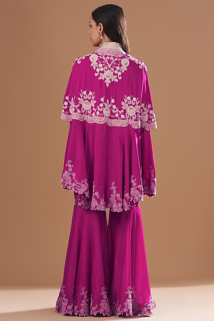 Rani Pink Dupion Embroidered Cape Set by Minaxi Dadoo at Pernia's Pop Up Shop