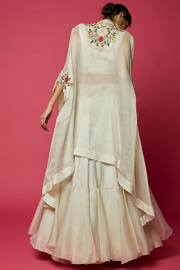 Ivory Silk & Organza Floral Embroidered Cape Set by Minaxi Dadoo at Pernia's Pop Up Shop