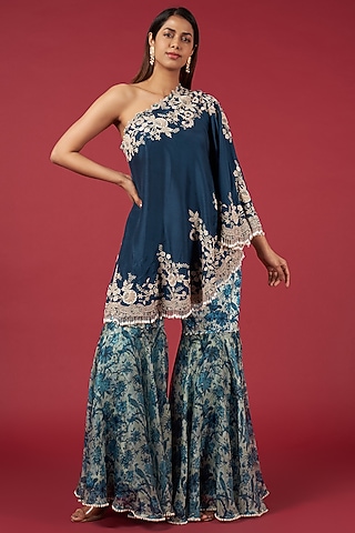 Blue Organza Printed Sharara Set by Minaxi Dadoo