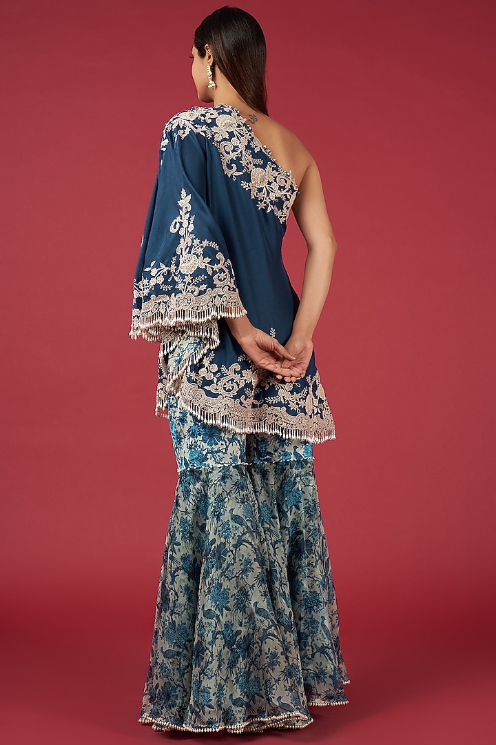Blue Organza Printed Bridal Sharara Set by Minaxi Dadoo at Pernia's Pop Up Shop