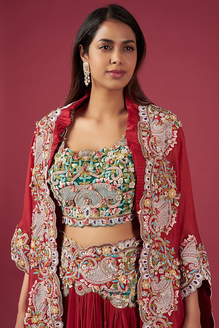 Red Organza Embroidered Butterfly Cape Set by Minaxi Dadoo at Pernia's Pop Up Shop