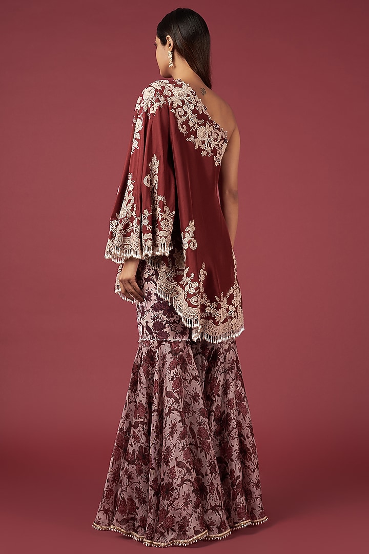 Maroon & Pink Organza Printed Bridal Sharara Set by Minaxi Dadoo at Pernia's Pop Up Shop