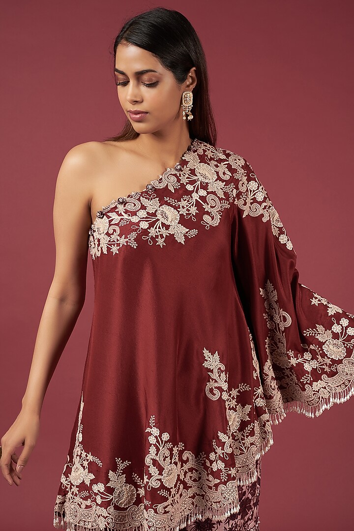 Maroon & Pink Organza Printed Bridal Sharara Set by Minaxi Dadoo at Pernia's Pop Up Shop