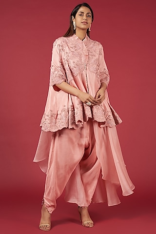 Pink Dupion Embroidered Cape Set by Minaxi Dadoo