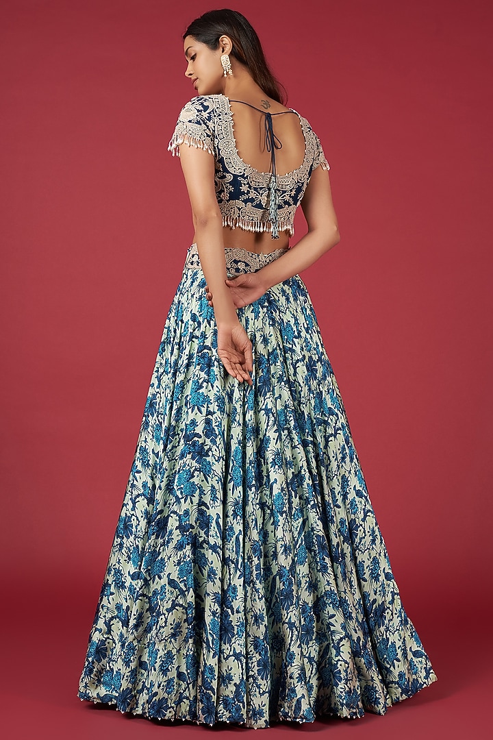 Blue Satin Printed Bridal Lehenga Set by Minaxi Dadoo at Pernia's Pop Up Shop