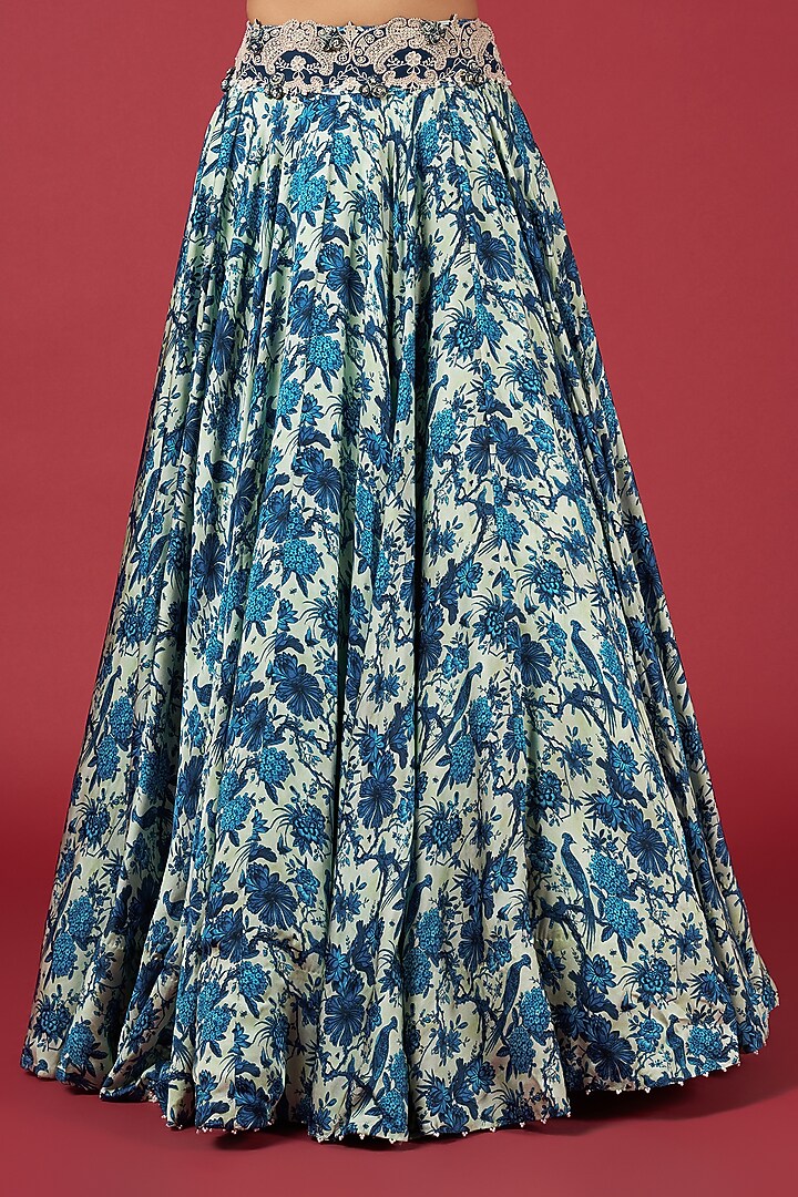 Blue Satin Printed Bridal Lehenga Set by Minaxi Dadoo at Pernia's Pop Up Shop