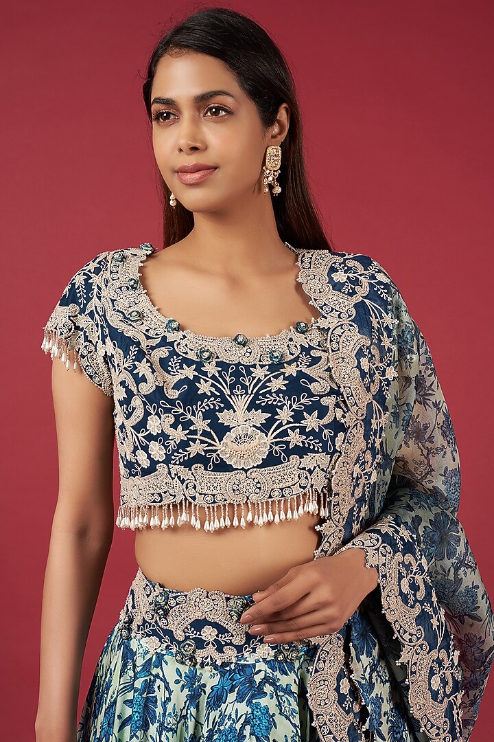 Blue Satin Printed Bridal Lehenga Set by Minaxi Dadoo at Pernia's Pop Up Shop