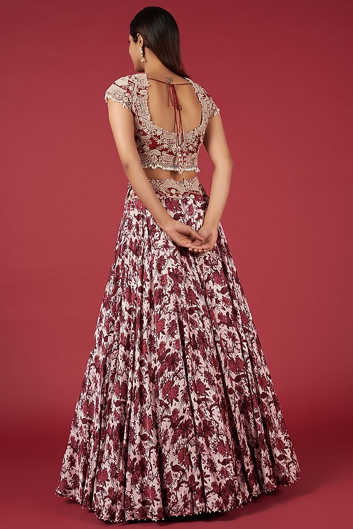Pink Satin Printed Bridal Lehenga Set by Minaxi Dadoo at Pernia's Pop Up Shop