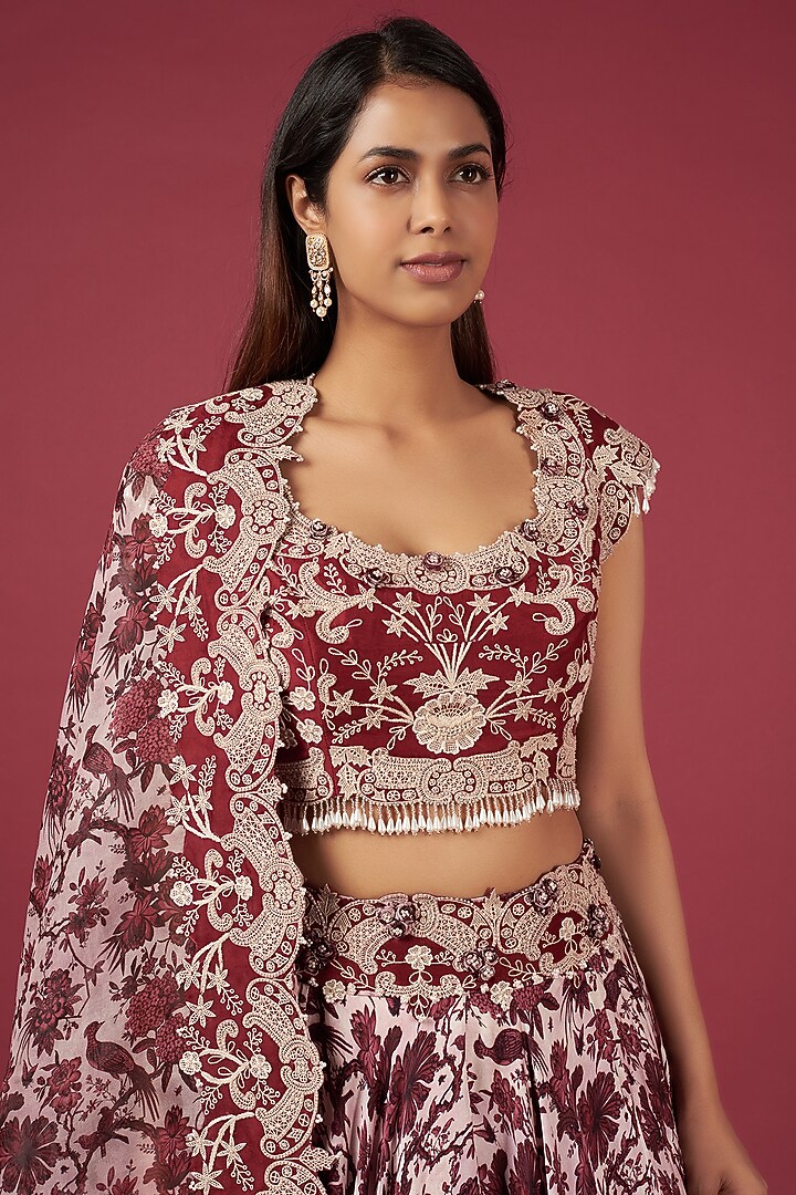 Pink Satin Printed Bridal Lehenga Set by Minaxi Dadoo at Pernia's Pop Up Shop