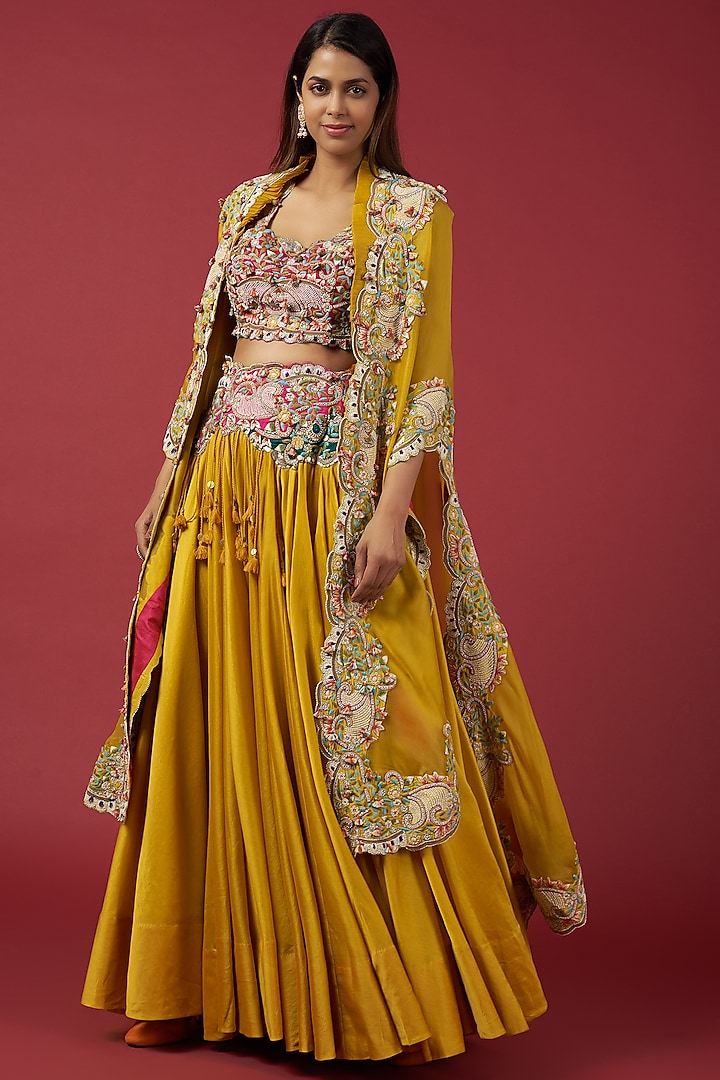 Yellow Organza Embroidered Butterfly Jacket Lehenga Set by Minaxi Dadoo