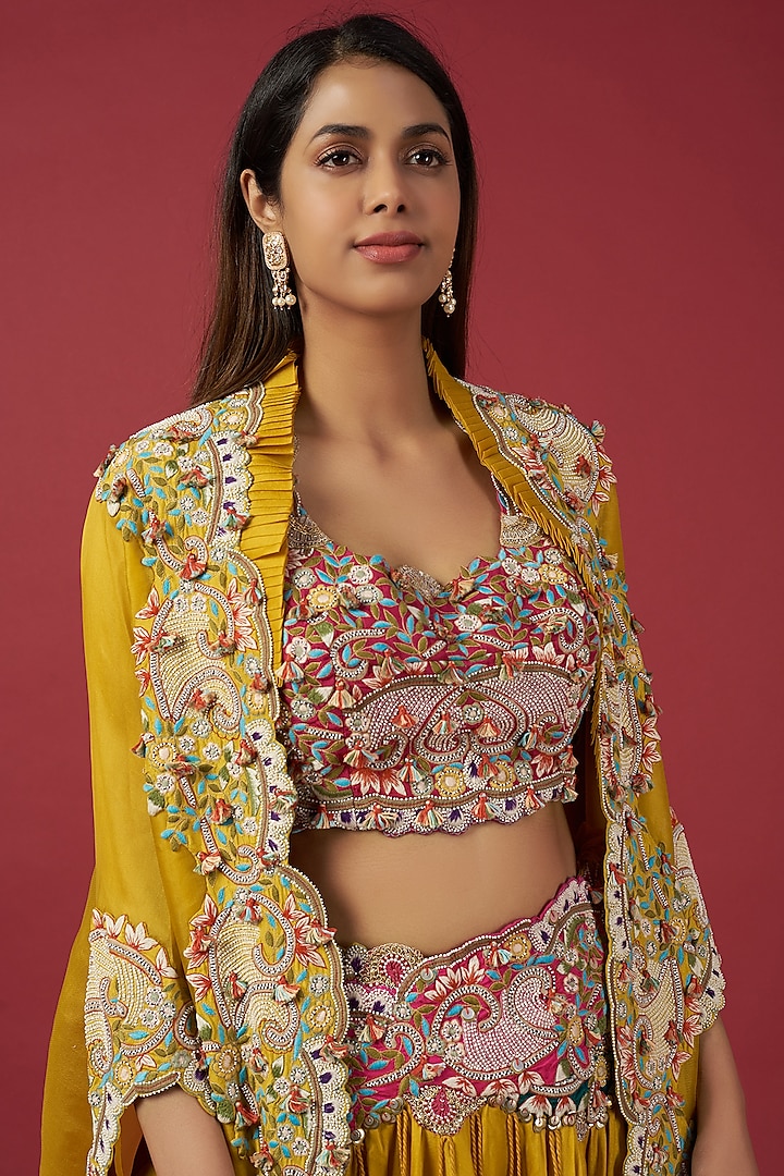 Yellow Organza Embroidered Butterfly Jacket Bridal Lehenga Set by Minaxi Dadoo at Pernia's Pop Up Shop
