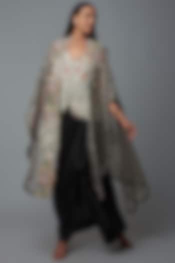 Black & White Organza Printed Cape Set by Minaxi Dadoo