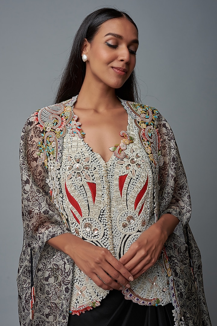 Black & White Organza Printed Cape Set by Minaxi Dadoo at Pernia's Pop Up Shop