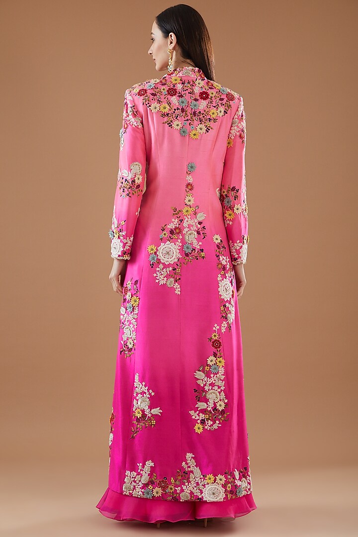 Candy Pink Dupion Hand Embroidered Jacket Set by Minaxi Dadoo at Pernia's Pop Up Shop