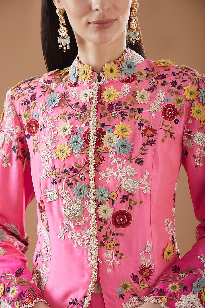 Candy Pink Dupion Hand Embroidered Jacket Set by Minaxi Dadoo at Pernia's Pop Up Shop