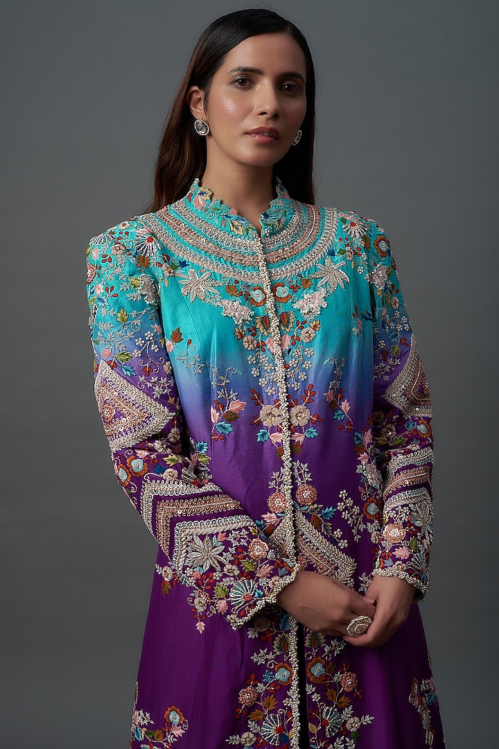 Purple Dupion Silk Embroidered Shaded Jacket Set by Minaxi Dadoo at Pernia's Pop Up Shop