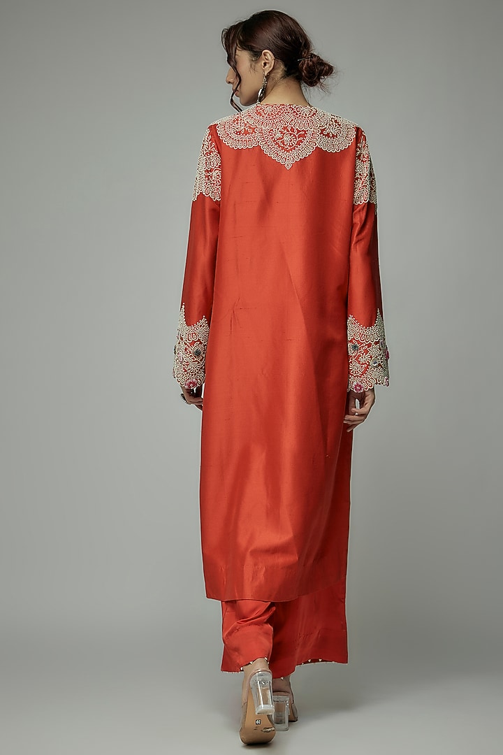 Rust Orange Dupion Pearl Embroidered Scalloped Straight Kurta Set by Minaxi Dadoo at Pernia's Pop Up Shop