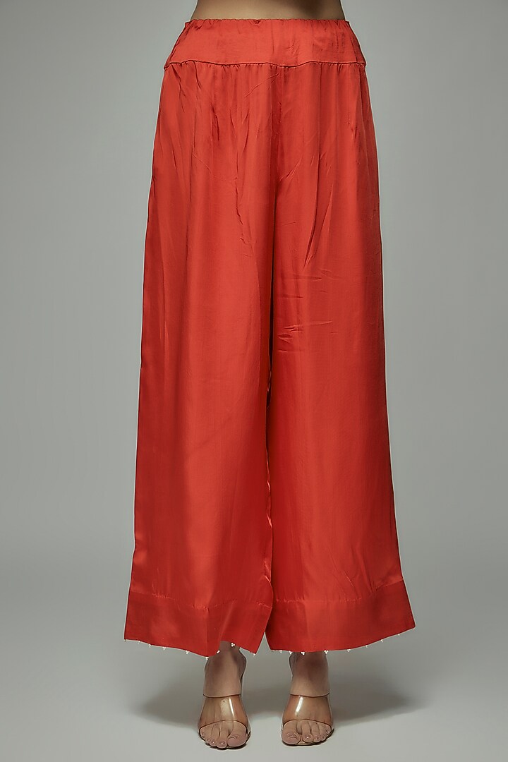 Rust Orange Dupion Pearl Embroidered Scalloped Straight Kurta Set by Minaxi Dadoo at Pernia's Pop Up Shop