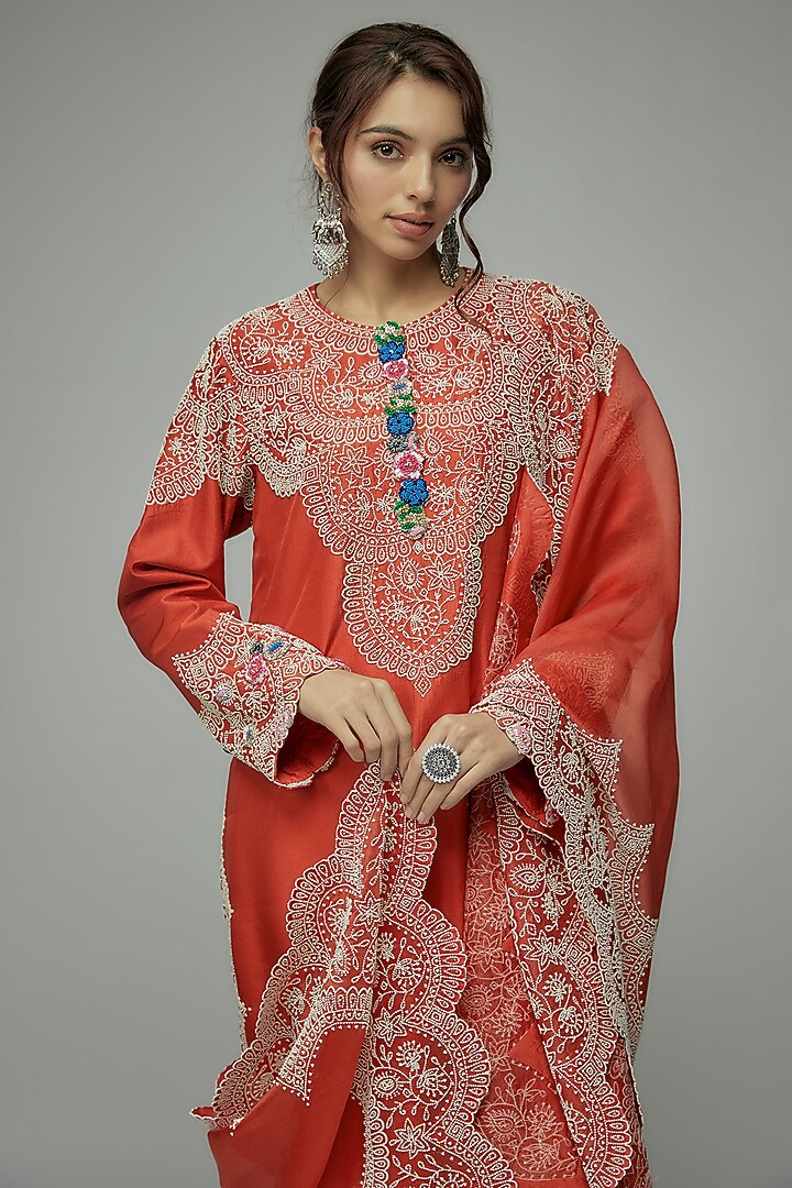 Rust Orange Dupion Pearl Embroidered Scalloped Straight Kurta Set by Minaxi Dadoo at Pernia's Pop Up Shop