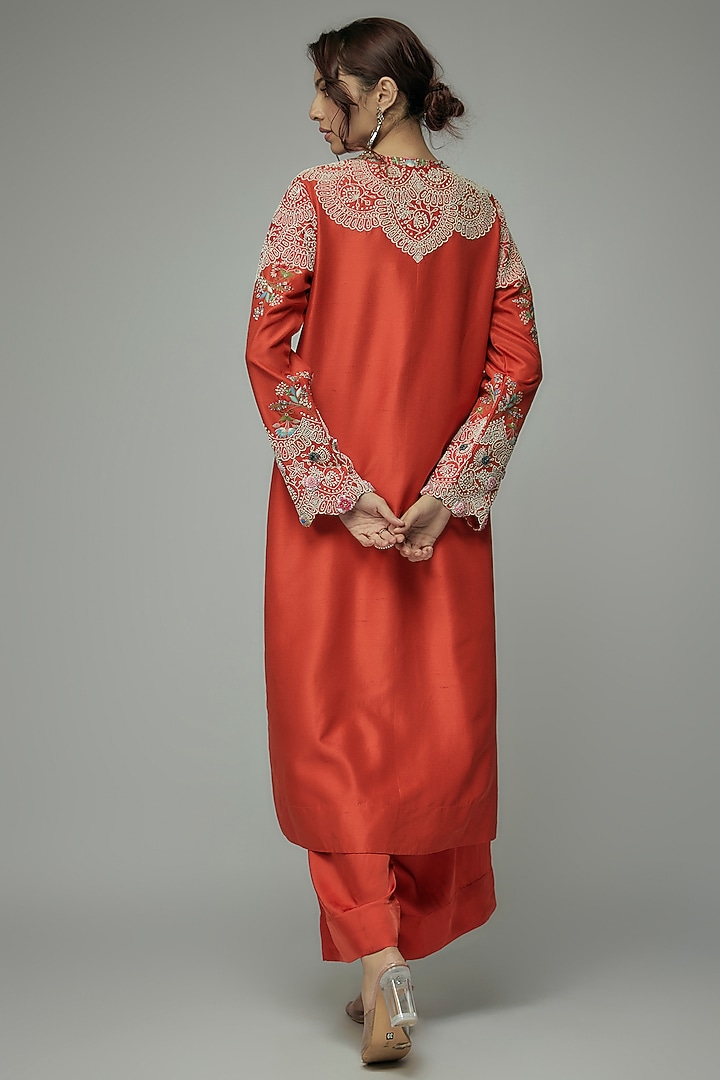 Rust Orange Dupion Thread & Moti Embroidered Straight Kurta Set by Minaxi Dadoo at Pernia's Pop Up Shop