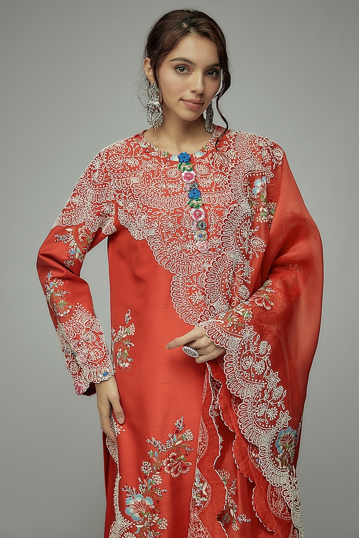 Rust Orange Dupion Thread & Moti Embroidered Straight Kurta Set by Minaxi Dadoo at Pernia's Pop Up Shop