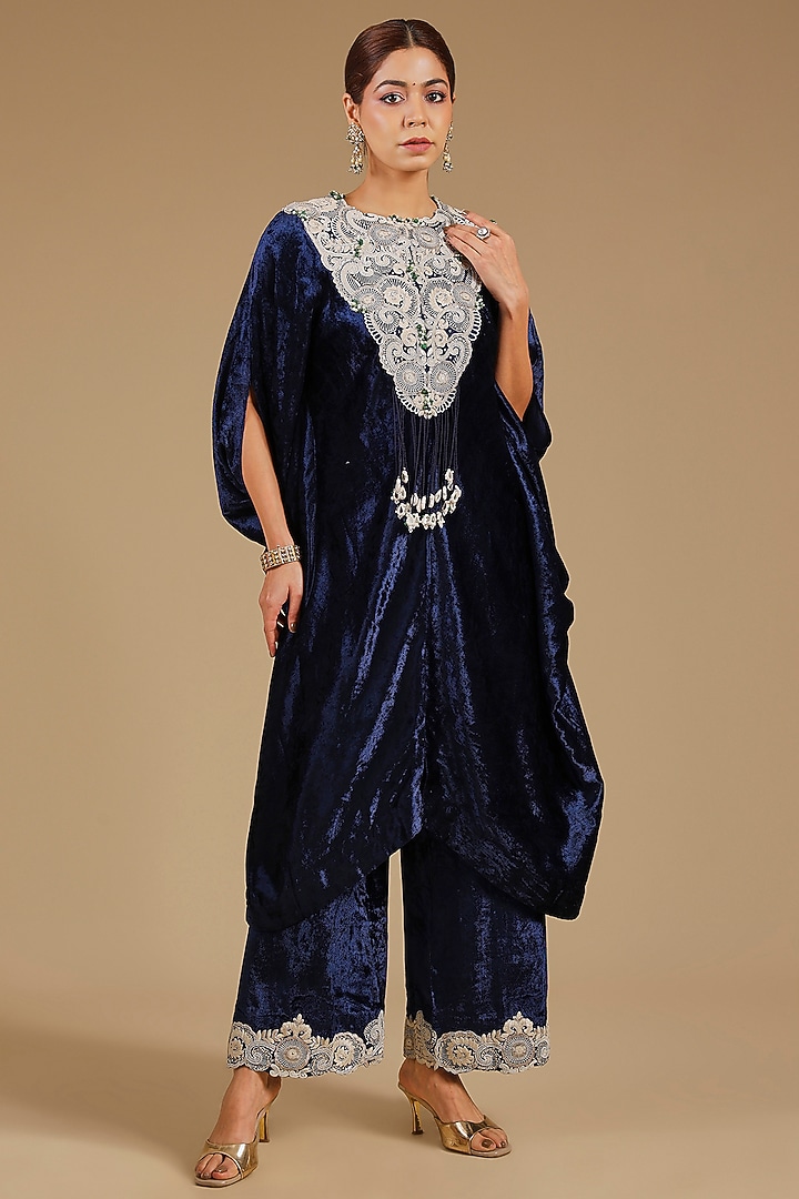 Blue Velvet Kaftan Set by Minaxi Dadoo at Pernia's Pop Up Shop