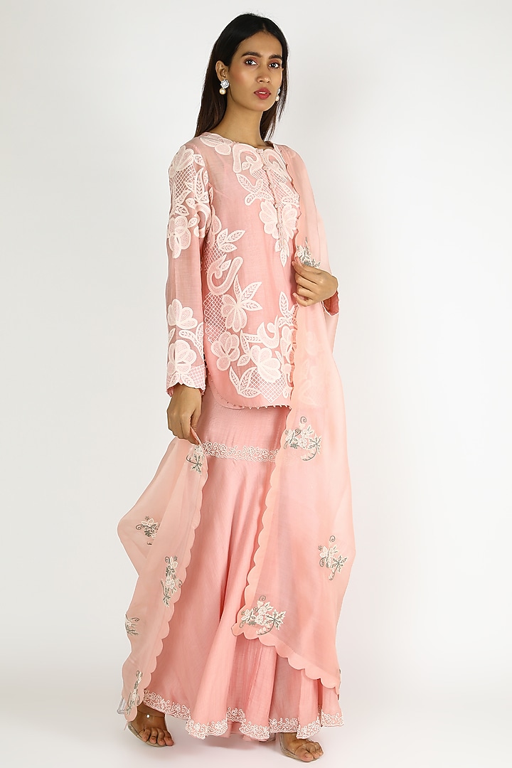 Blush Pink Chanderi & Organza Embroidered Gharara Set by Minaxi Dadoo at Pernia's Pop Up Shop