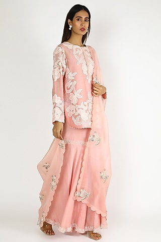 Blush Pink Chanderi & Organza Embroidered Gharara Set by Minaxi Dadoo