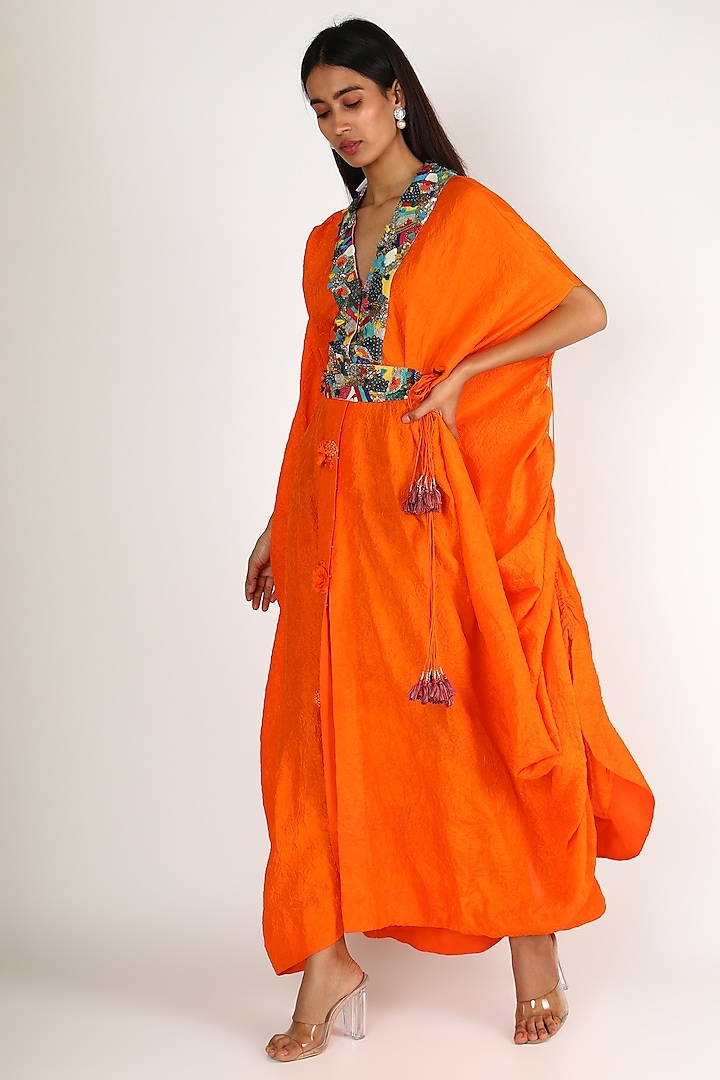 Orange Embroidered Kaftan by Minaxi Dadoo at Pernia's Pop Up Shop